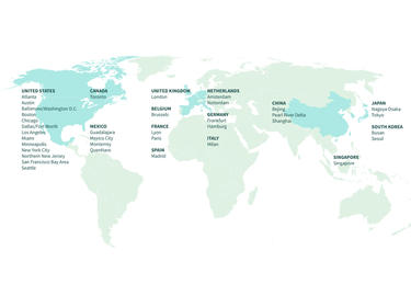 Prologis Timeline - 2002 World map with North America, Europe and China highlighted, with a text overlay of trade-centric cities