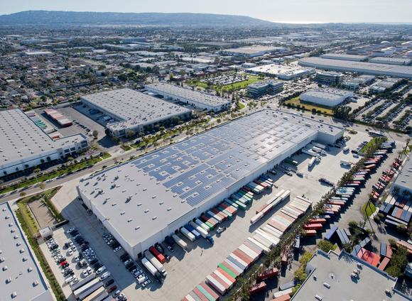 Aerial view of a solar installation on a Prologis warehouse rooftop